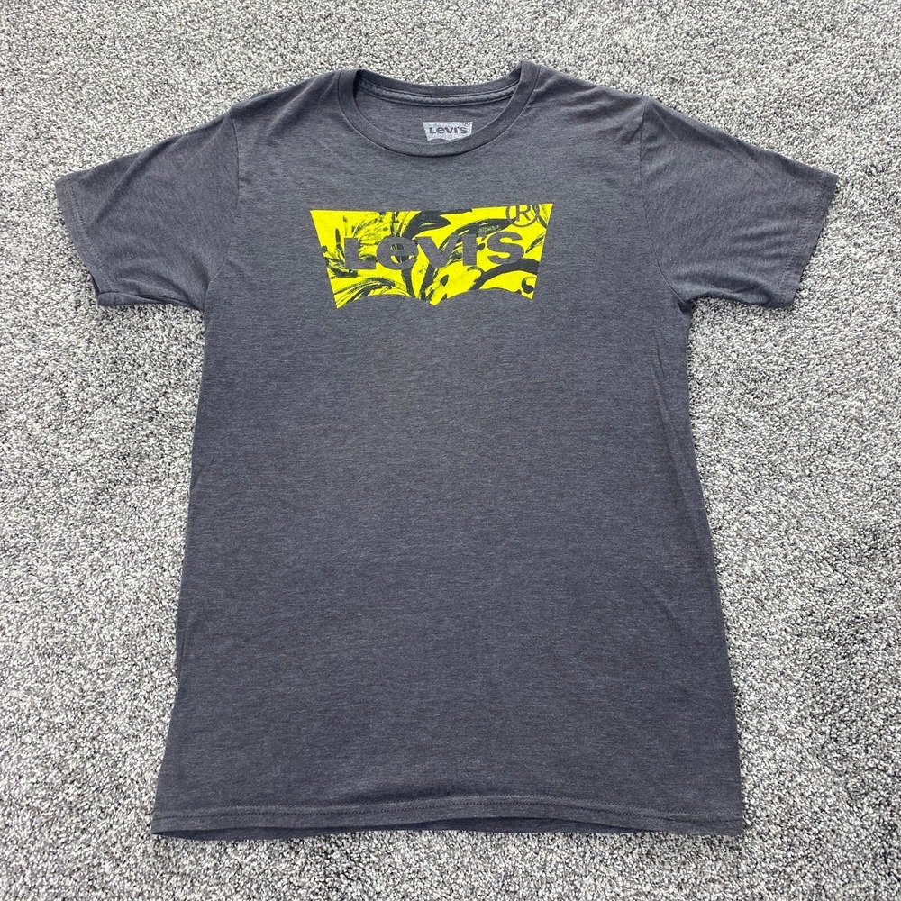Levis Shirt Mens S Gray Yellow Batwing Spell Logo Causal Short Sleeve Workwear